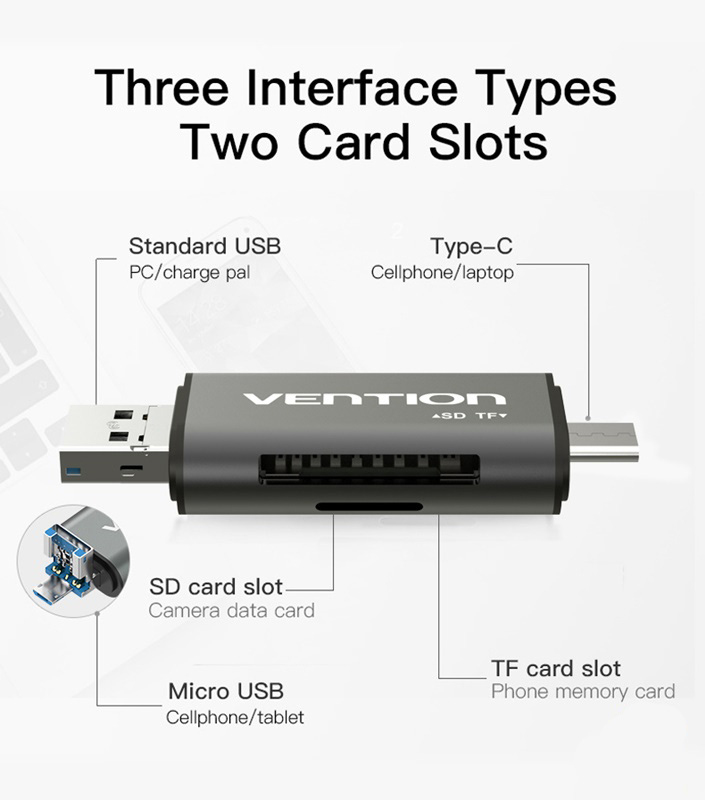 Đầu đọc thẻ USB 3.0 (Type-C + Micro USB + SD + TF) chính hãng Vention CCHH0