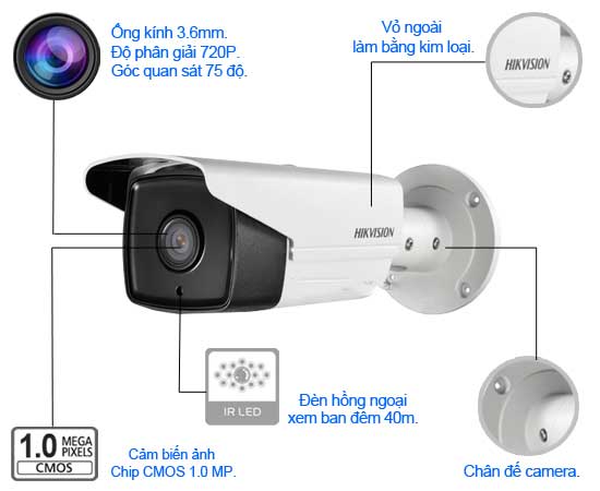 Camera Hikvision DS-2CE16C0T-IT3 thân ống HD720P hồng ngoại 40m